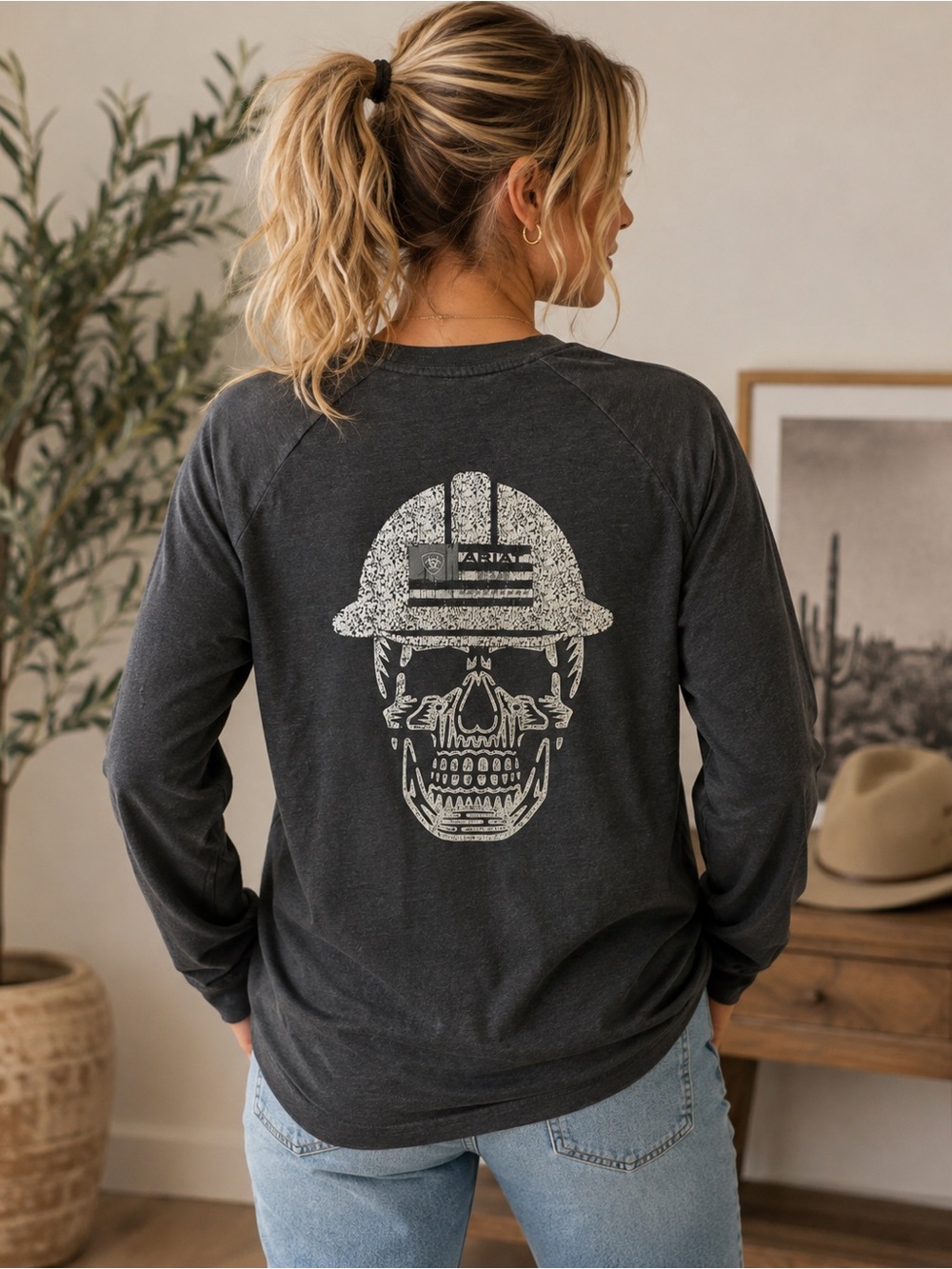 Ariat Charcoal Crewneck Sweater with White Skull Hardhat Graphic